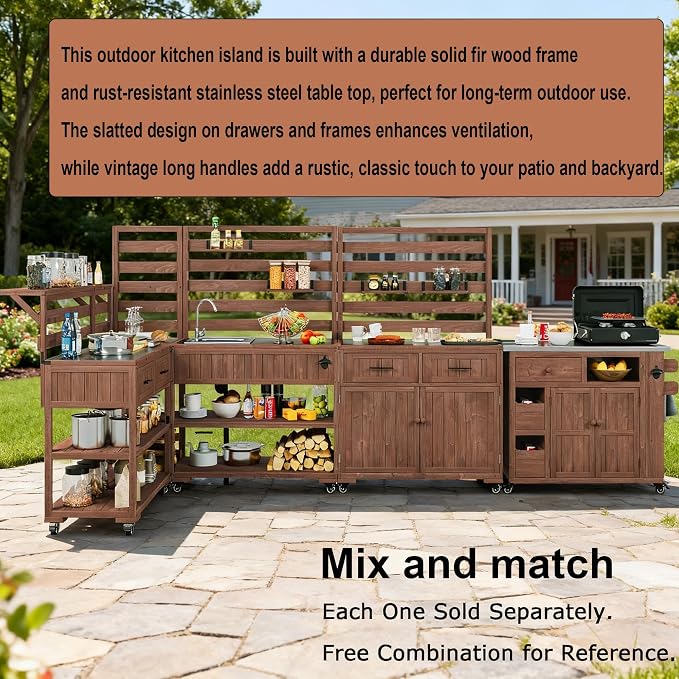 62 Inch Patio Kitchen Island with Stainless Steel Top, Brown | Brown fir wood, stainless steel top, garden or patio, raised shelf, 2 drawers, lockable wheels, modular design, 62.3 in L