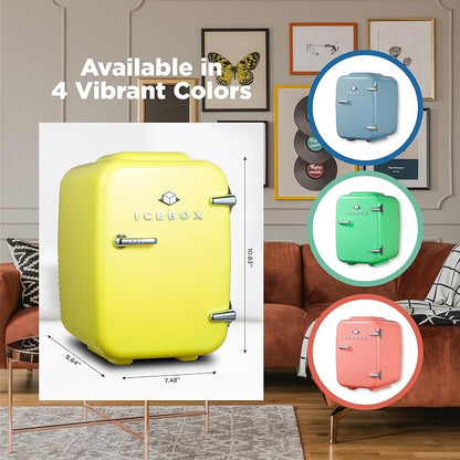 IceBox 4-Liter Mini Fridge Cooler/Warmer, IBMF4SUN, Sun Yellow | Portable Refrigerator Holds 6 Cans, Compact for Skincare, Beverages and Food, Includes 120V AC and 12V Car Adapters