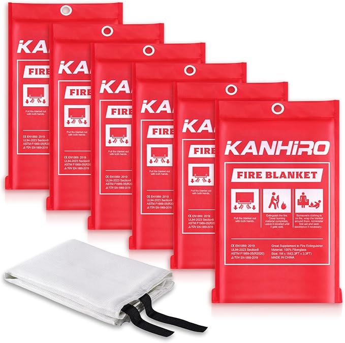 kanhiro Fire Blanket Emergency for Home Kitchen - Fiberglass Fire Suppression Blanket Great for School, Fireplace, Grill, Car, Office, Warehouse (6 Pack, 39 in X 39 in)