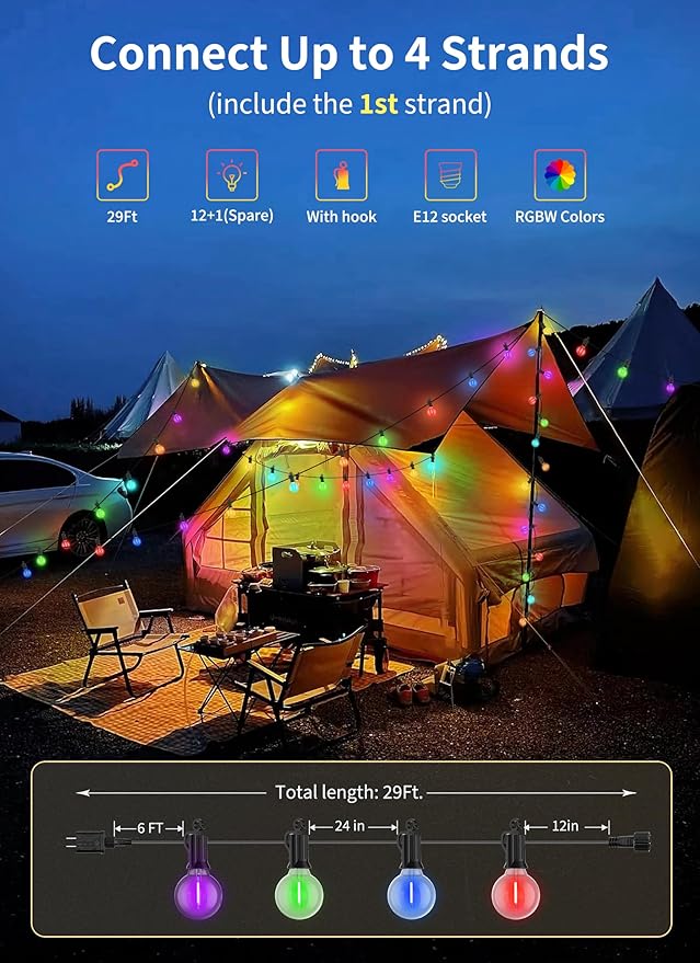 Brightown Outdoor String Lights 29 Feet G40 LED Patio Lights, 13 Plastic Edison Bulbs(1 Spare), Remote, Timer, Waterproof Connectable Hanging Light for Backyard Porch Balcony Party Decor, Multicolor