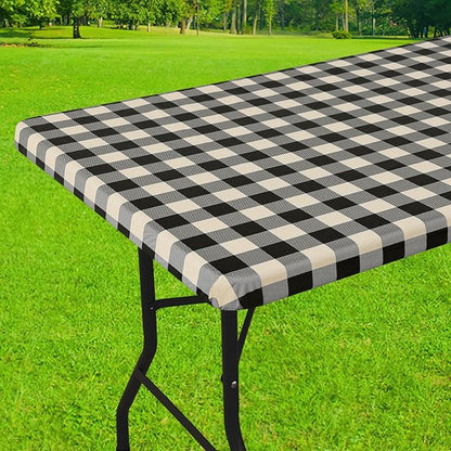 Smiry Rectangle Picnic Table Cloth, Elastic Waterproof Fitted Vinyl Tablecloths, Flannel Backed Buffalo Plaid Table Covers for Dining, Camping, Outdoor (Black and Beige, 30" x 48")