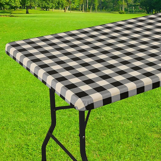 Smiry Rectangle Picnic Table Cloth, Elastic Waterproof Fitted Vinyl Tablecloths, Flannel Backed Buffalo Plaid Table Covers for Dining, Camping, Outdoor (Black and Beige, 30" x 96")