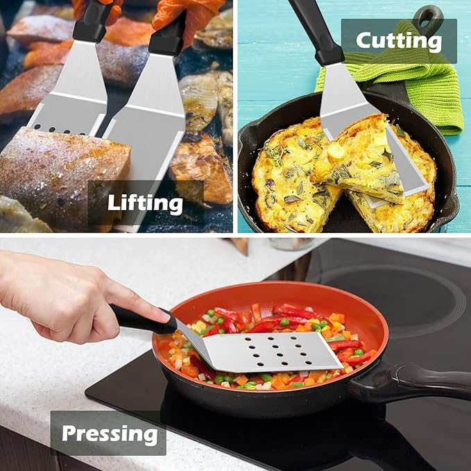 Metal Spatula Set of 2, HaSteeL 11.8 x 2.8In Stainless Steel Perforated Spatula & Solid Turner Flipper, Flat Top Griddle Teppanyaki Hibachi Tools for Barbecue Camping, Plastic Handle & Easy to Clean