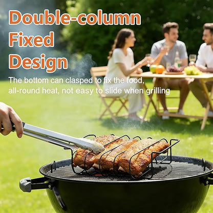 Rib Rack for Smoking and Grilling - 12" Extra Long Stainless Steel BBQ Holder - Non-Stick Vertical Roasting Stand Compatible with Most Gas Charcoal Pellet Smokers - Holds 4 Full Racks