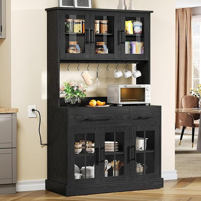 DWVO Kitchen Pantry Storage Cabinet with Microwave Stand, 71'' Tall Kitchen Hutch Cabinets with Power Outlet, Modern Food Pantry Hutch with Drawers ＆ Shelves for Home, Pack of 1, Black | 71" Tall Kitchen Hutch Cabinets with Power Outlet, Modern Food Pa...