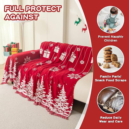 MEETSKY Christmas Couch Cover for Sectional Sofa, Chenille Loveseat Red Sofa Covers Washable for Pet Friendly Cedar Decorative Couch Covers, 71" x 102"