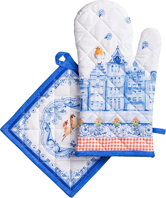 Maison d' Hermine 100% Cotton Oven Mitt & Pot Holder Set (7.5"x13" & 8"x8") Heat Resistant BBQ Cooking Gloves with Loop Baking Grilling Kitchen Hotel Home Farmhouse Spring Summer (Amsterdam Canals)