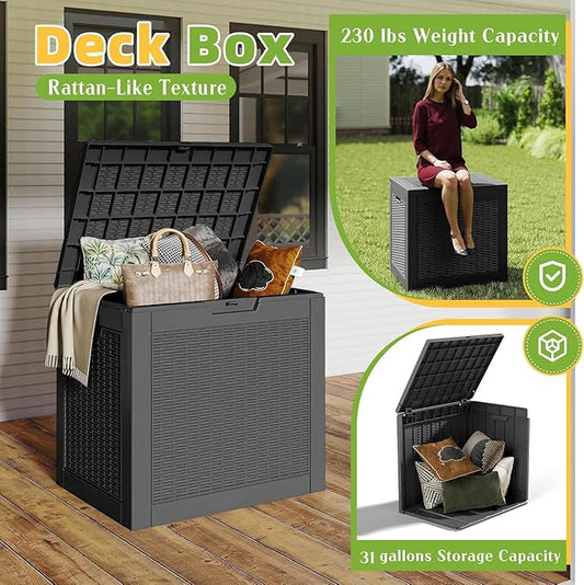 31 Gallon Outdoor Storage Box Weather Resistant UV Protection Waterproof Resin Deck Box for Garden, Patio, Porch, Delivery(Rattan Black)
