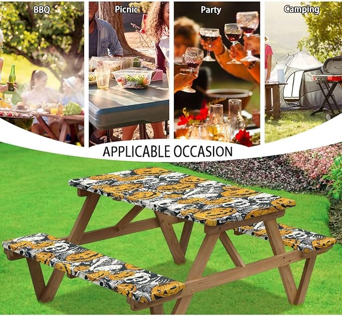 Halloween Pumpkin Skull Elastic Picnic Table Cover with Bench Covers Camping Table Cloth for Picnic Table 3 PCS Set Size S/L