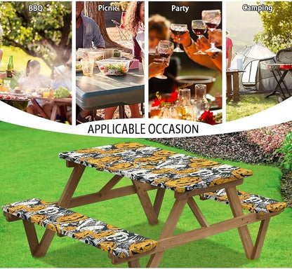 Halloween Pumpkin Skull Elastic Picnic Table Cover with Bench Covers Camping Table Cloth for Picnic Table 3 PCS Set Size S/L