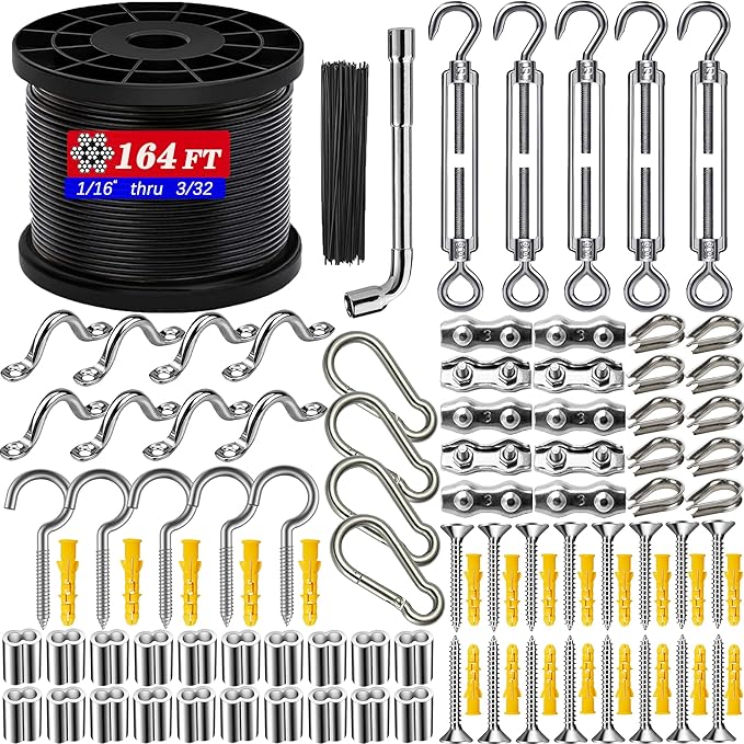164FT Outdoor String Light Hanging Kit - Heavy Duty Black Vinyl-Coated Stainless Steel Wire Rope with Turnbuckles, Hooks & Eye Straps for Patio, Garden, Backyard, Party Decor