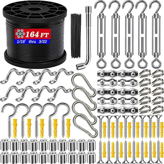 164FT Outdoor String Light Hanging Kit - Heavy Duty Black Vinyl-Coated Stainless Steel Wire Rope with Turnbuckles, Hooks & Eye Straps for Patio, Garden, Backyard, Party Decor