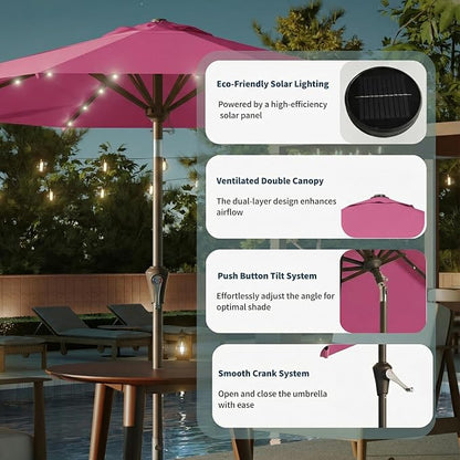 10FT Solar Umbrella 32 LED Lighted Patio Umbrella Table Market Umbrella w/Tilt and Crank, UV-Resistant Outdoor Umbrella for Pool, Garden, Deck, Rose Pink