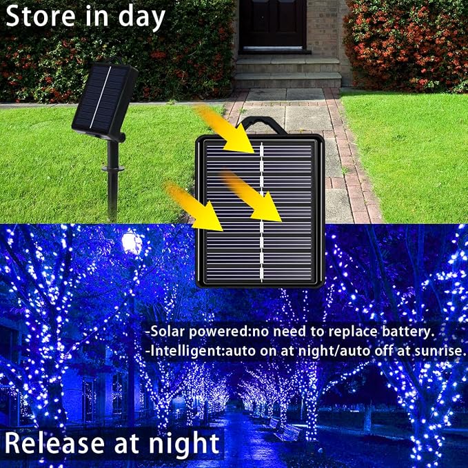 Solar Christmas String Lights, Blue 200Led, Outdoor Waterproof | 2 Pack Total 400Led 144Ft 8 Mode, IP44 Outside Fairy Lights for Tree, Garden, Patio, Lawn, Party, Yard Decorations