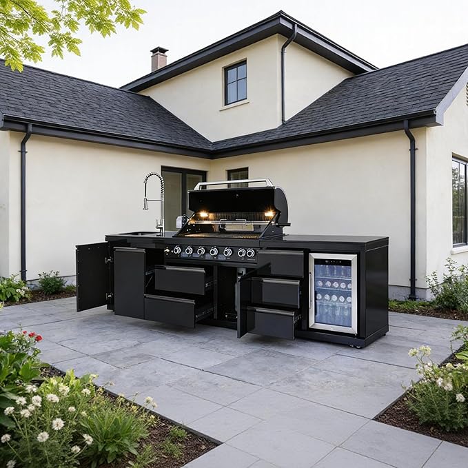 114" All-in-One Outdoor Kitchen Island,6 Burner Modular Kitchen with Grill Station Cabinetry,304 Stainless Black Granite, Sink, Fridge, BBQ Set for Patios & Backyards (Black, 114 IN)