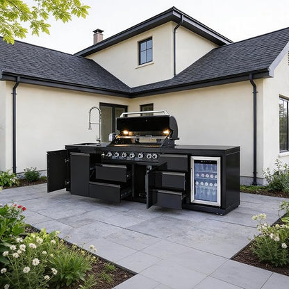 114" All-in-One Outdoor Kitchen Island,6 Burner Modular Kitchen with Grill Station Cabinetry,304 Stainless Black Granite, Sink, Fridge, BBQ Set for Patios & Backyards (Black, 114 IN)