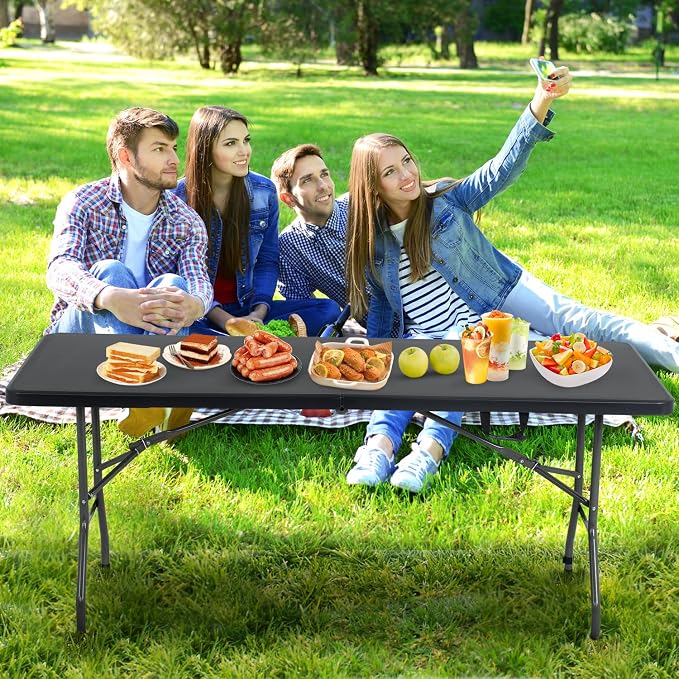 PayLessHere 6ft Folding Tables,Plastic Resin Table with Collapsible Alloy Steel Frame,Plastic Table for Indoor,Outdoor,Camping,BBQ,Picnic,Black