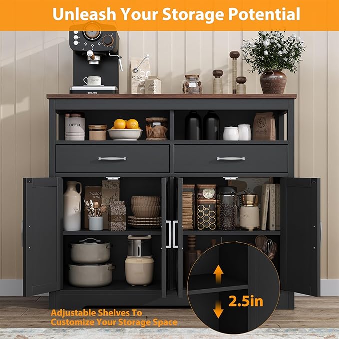 knoworld Buffet Sideboard with Storage Farmhouse with 4 Doors, 47'' Large Kitchen Storage Cabinet Wood Coffee Bar Cabinet Buffet Table with Shelves for Kitchen, Dining Room, Entryway