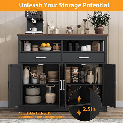 knoworld Buffet Sideboard with Storage Farmhouse with 4 Doors, 47'' Large Kitchen Storage Cabinet Wood Coffee Bar Cabinet Buffet Table with Shelves for Kitchen, Dining Room, Entryway