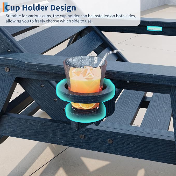 Garvee Lounge Chair Outdoor Set of 4 with Wheels & 5-Position Adjustable Backrest, Oversized Chaise Lounge with 2 Move Handle, HDPE Lounge Chair w/Detachable Cup Holder, for Patio, Pool,Navy Blue