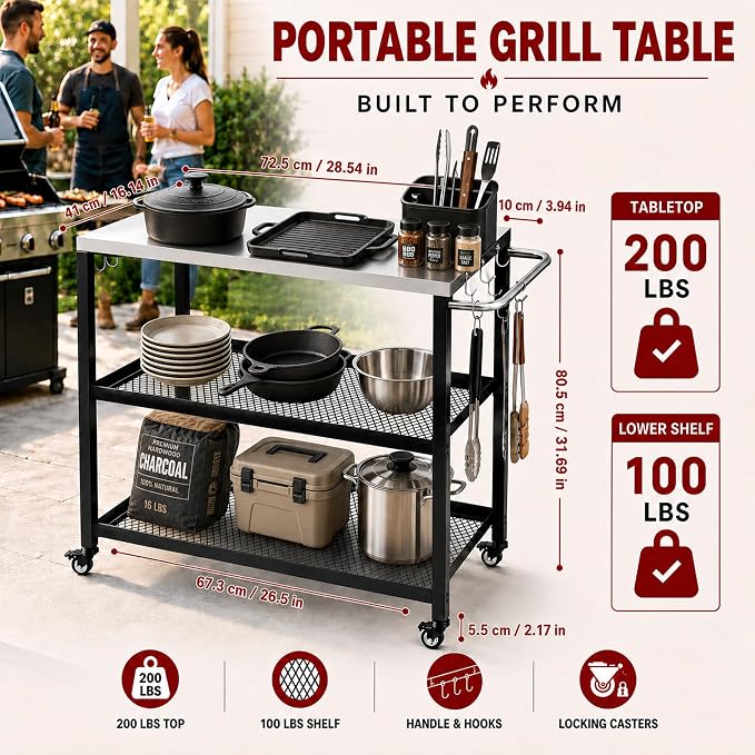 Grill Table with Stainless Steel Top, 28.54 x 16.14 in | Outdoor Grill Cart with Wheels, 2-Tier Mesh Storage, 200 lb Worktop, Tool Hooks, For Home Grillers, Patio Backyard BBQ