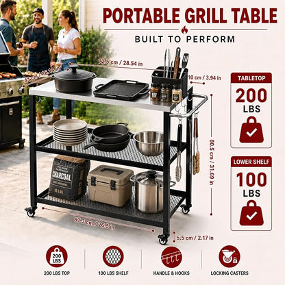 Grill Table with Stainless Steel Top, 28.54 x 16.14 in | Outdoor Grill Cart with Wheels, 2-Tier Mesh Storage, 200 lb Worktop, Tool Hooks, For Home Grillers, Patio Backyard BBQ