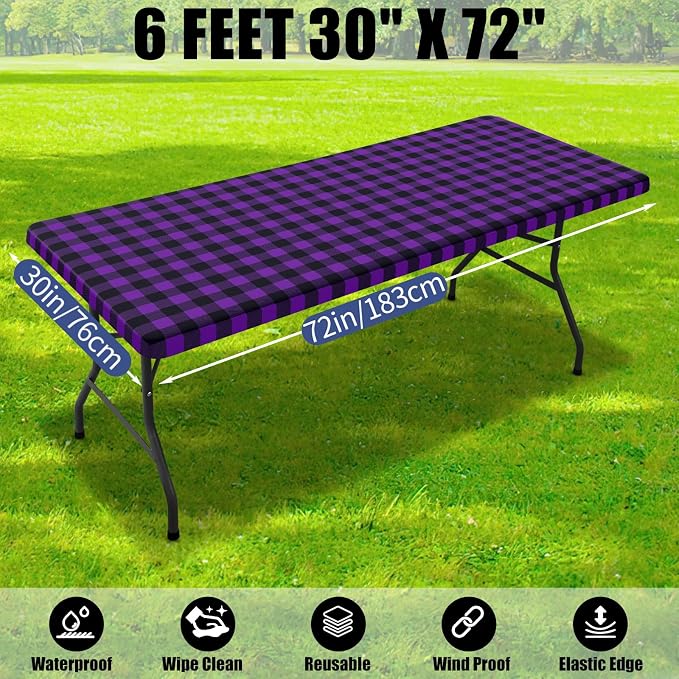 Smiry Picnic Table Cloth 2 Pack, Waterproof Elastic Fitted Tablecloths for 6FT Rectangle Tables, Washable Polyester Buffalo Plaid Tablecloth for Camping & Outdoor (Black & Purple, 30" x 72")