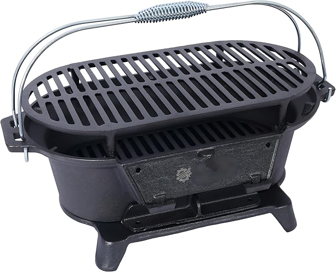 LuckyNote Oval Iron Grill Outdoor, Portable Charcoal Grill and Tabletop Cast Iron Skillet - 100% Cast Iron, Durable, Small Charcoal Grill, Camping Stove, Hibachi Grill