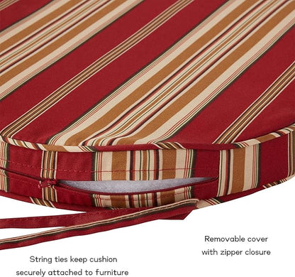 Set of 2 Outdoor 18 inch Round Patio Dining Chair Pads – Comfortable Fiber-Filled Seat Cushions with Ties, Reversible Polyester Fabric - Roma Stripe