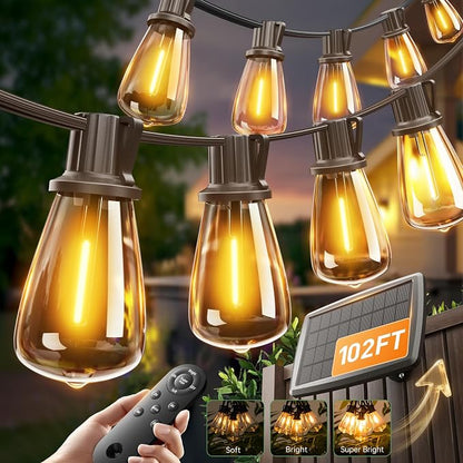 addlon 102FT(96+6) Solar String Lights Outdoor with Remote, Last 30+ Hrs | Waterproof Patio Lights with 30 Shatterproof LED Bulbs, Dimmable & Timable Solar Light for Backyard Camping Garden Decor