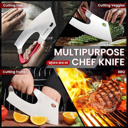 ROCOCO Easy Handle Meat Cleaver - Effort Saving Chef Knife Unique Professional for Kitchen Cutting Meat Vegetable Birthday Gift Red Stainless Steel