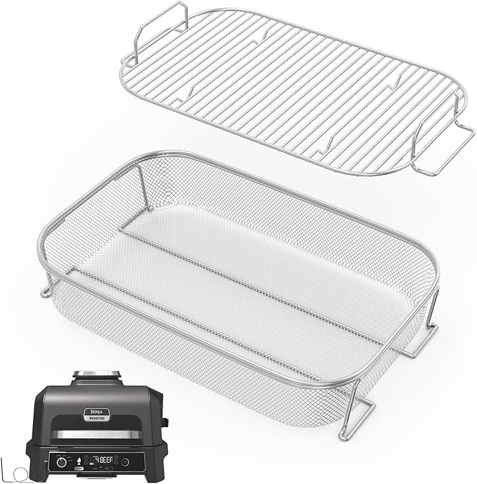 Crisper Basket & Smoke Rack for Ninja Woodfire Pro XL Outdoor Grill & Smoker OG800 OG900 Series, Non-Stick Air Fryer Basket with Roast Stand for Ninja OG850 OG951 OG901 OG952 Grill Accessories