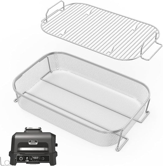 Crisper Basket & Smoke Rack for Ninja Woodfire Pro XL Outdoor Grill & Smoker OG800 OG900 Series, Non-Stick Air Fryer Basket with Roast Stand for Ninja OG850 OG951 OG901 OG952 Grill Accessories