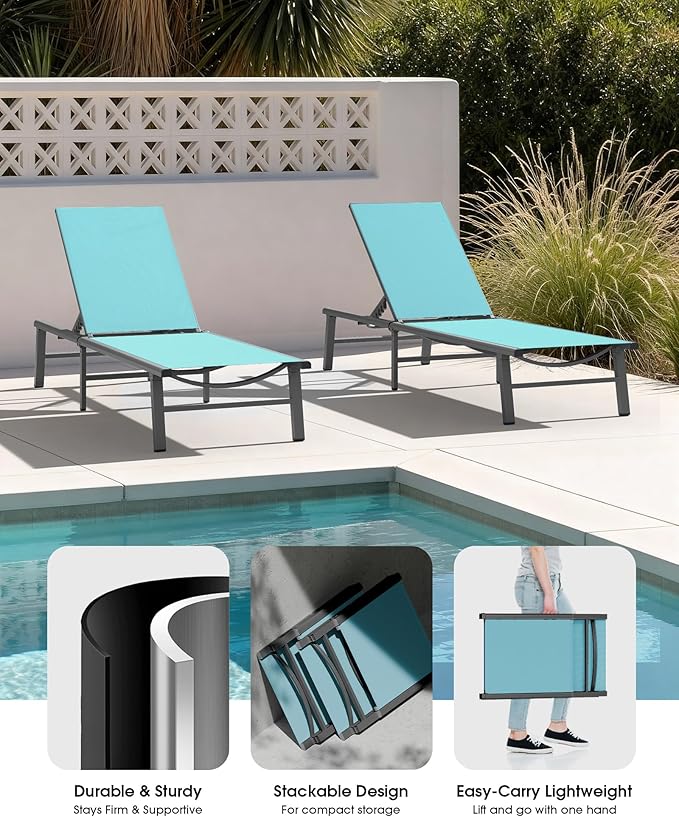 Ciokea Foldable Outdoor Lounge Chair, No Assembly Patio Chaise Lounge Outdoor with 5-Positions, Aluminum Pool Lounge Chair with Portable Design for Pool, Beach, Deck, Backyard, Lake Blue