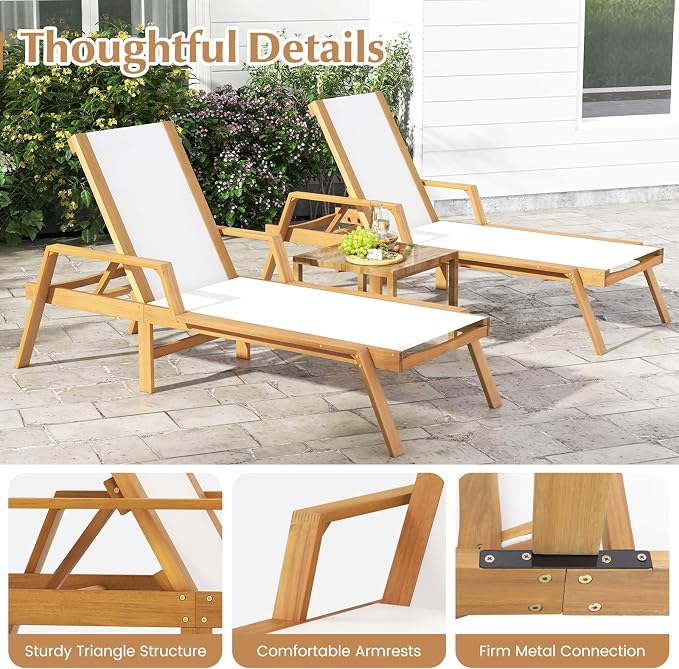 Tangkula Wood Chaise Lounge Chair Outdoor, Patio Sun Lounger with Adjustable Back, Acacia Wood Lounge Chair with Breathable Fabric for Poolside Lawn Backyard