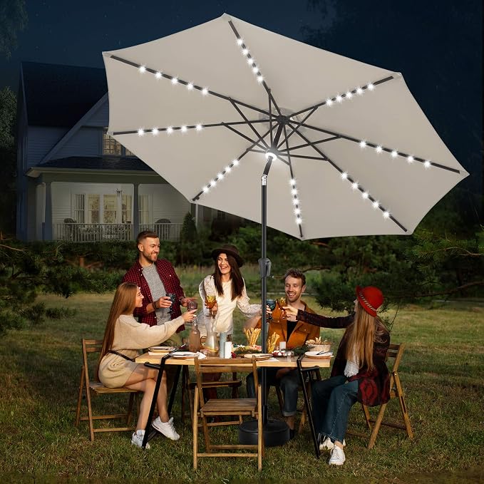 FLAME&SHADE Solar Patio Umbrella with Centre Light, 10 FT Taupe | UV Protection, Small Solar Outdoor Umbrella for Porch, Deck, Backyard, Garden, Provides Evening Lighting, 40 LED Lights