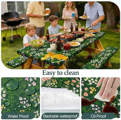 Picnic Table Cover Bench Covers Camping Essentials Tablecloth | Waterproof Vinyl for Outdoor, Windproof Elastic Fitted Edges, RV BBQ Accessories Must Haves, Storage Bag Included