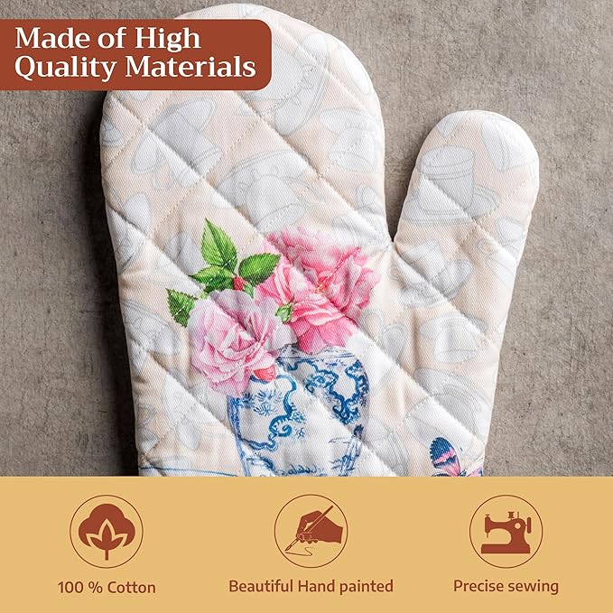 Maison d'Hermine Oven Gloves 100% Cotton Oven Mitt 7" x 13" with Loop Heat Resistant BBQ Cooking Gloves Baking Grilling Kitchen Hotel Home Farmhouse Spring Summer (Pack of 1, Canton)
