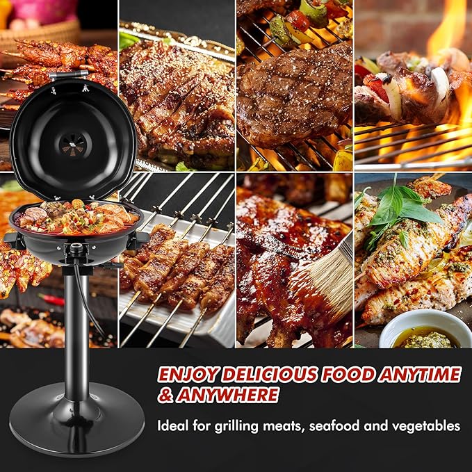 HAPPYGRILL Electric Grill Outdoor, 1600W Barbecue 15-Serving for Indoor & Outdoor Use, Portable Stand BBQ Grill for Cooking Patio Kitchen Garden (Black)