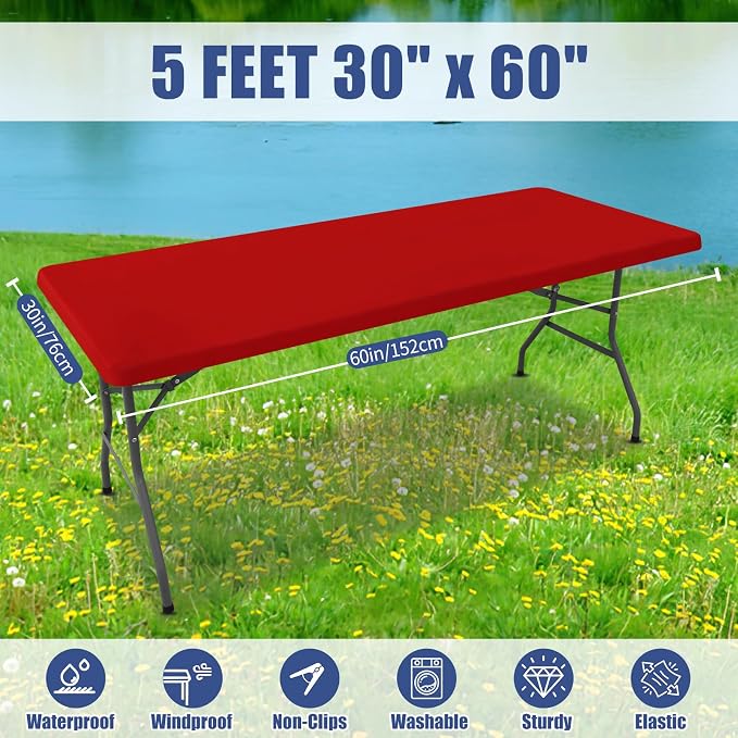 Moosfor 2 Pack Rectangle Spandex Fitted Table Cloth, 5FT Elastic Tablecloth | Washable Picnic Table Cover, Stretch Waterproof Table cloths for Party, Patio, Dining, Kitchen, 30" x 60", Red