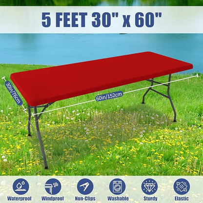 Moosfor 2 Pack Rectangle Spandex Fitted Table Cloth, 5FT Elastic Tablecloth | Washable Picnic Table Cover, Stretch Waterproof Table cloths for Party, Patio, Dining, Kitchen, 30" x 60", Red
