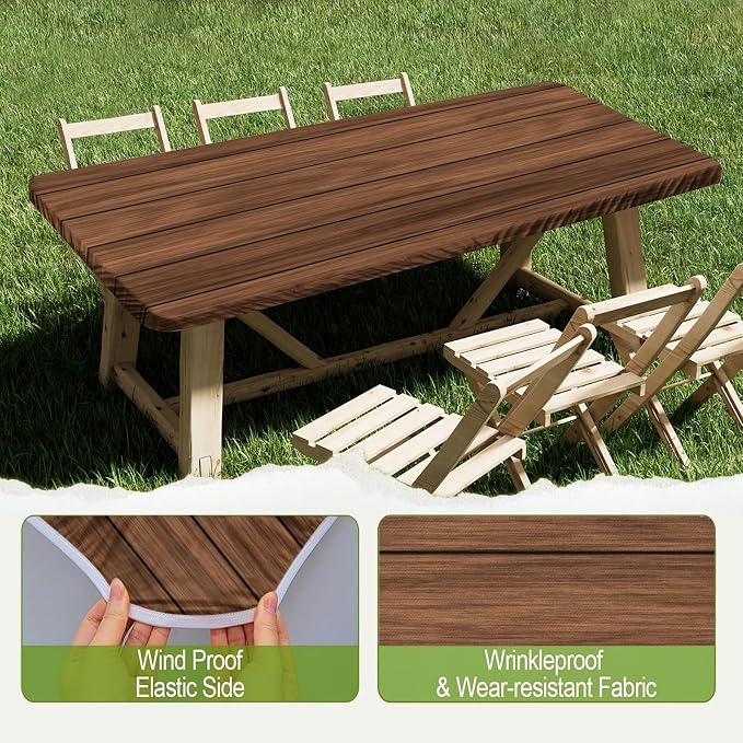 Irisbell Picnic Table Cover with Elastic Edge,6FT Wind Proof Wrinkleproof Fitted Tablecloth Cover Camping Beach Patio Rectangle Table Cloth for Indoor Outdoor (Wooden Grain, 30'' x 72'')