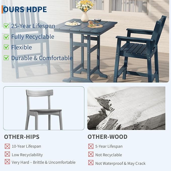 Garvee Outdoor Patio Bar Height Chair Set of 4, All-Weather HDPE Bar Height Barstools Widened Chair Set, Adirondack Chairs Set with Widened Armrests for Garden, Poolside, Bistro