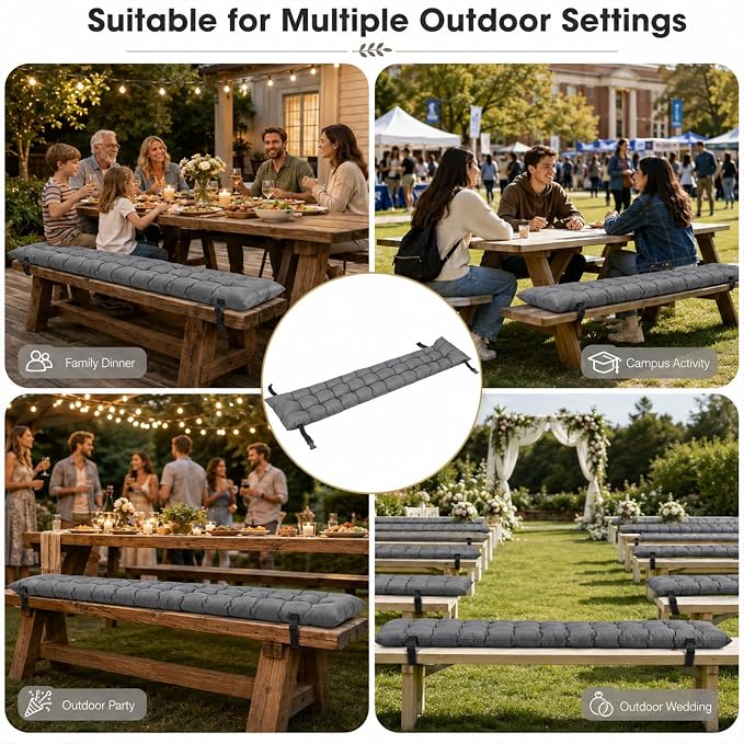 2pcs Picnic Table Bench Cushions, 72 x 10 x 3 Inch Outdoor Bench Seat Cushions with Ties, Tufted Patio Bench Pads for Picnic Table, Garden, Porch, Patio and Backyard Seating