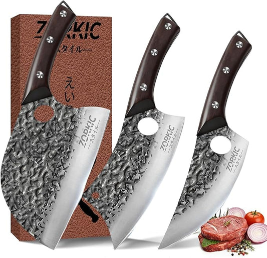 Butcher Knife Set 3PCS, Hand Forged Serbian Chef Knife & Meat Cleaver & Viking Knife, Food Cutting Kitchen Knife for Home, Outdoor Cooking, Camping BBQ Gift for Men