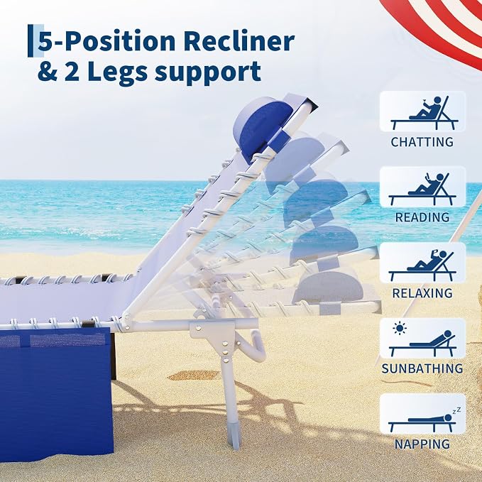 Garvee Tanning Chair with Face Hole, 3-in-1 Outside Beach Lounge Chair with Folding Table, 5 Reclining Positions and Removable Pillow, for Beach, Pool, Patio, Garden -Max 330lbs (Blue) | with Folding Table, 5 Reclining Positions and Removable Pillow, f...