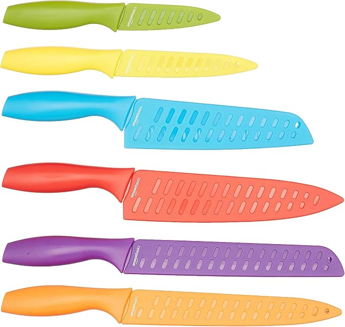 Amazon Basics Color-Coded Dishwasher Safe Kitchen Knife Set, 12-Piece with Ergonomic Handles, Non-stick Sharp Blades, 6 Knives with 6 Blade Guards, Multicolor, 13.88 x 4.13 x 1.38 inch