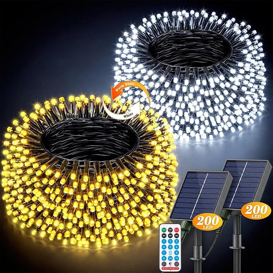 LitHome 2Pack Solar String Lights Outdoor with Remote, Total 400LED 132FT | 8 Modes Solar & USB Powered Christmas String Lights with Remote for Patio Garden Yard Tree Decor, Cool White & Warm White
