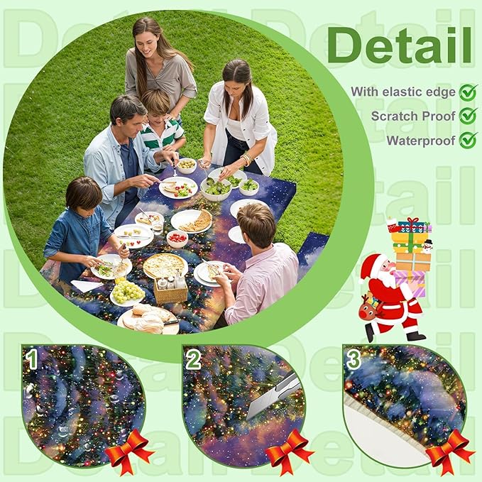 Christmas Picnic Table Cover with Bench Cover, Outdoor Picnic Table Elastic Tablecloth, Green Santa Claus and Reindeer Design, Camping, Barbecue and Holiday Party Tablecloth