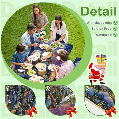 Christmas Picnic Table Cover with Bench Cover, Outdoor Picnic Table Elastic Tablecloth, Green Santa Claus and Reindeer Design, Camping, Barbecue and Holiday Party Tablecloth